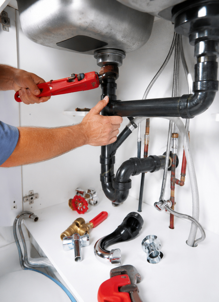 Plumber working under a sink