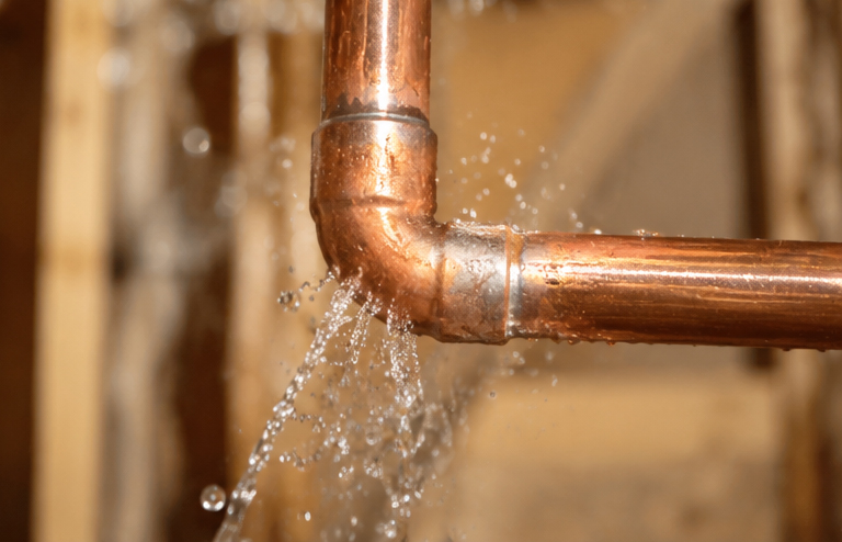 Burst copper pipe with water spraying